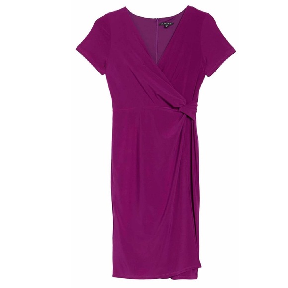 Marina Ruched Surplice Neck Wrap Dress Magenta L - Picture 2 of 4